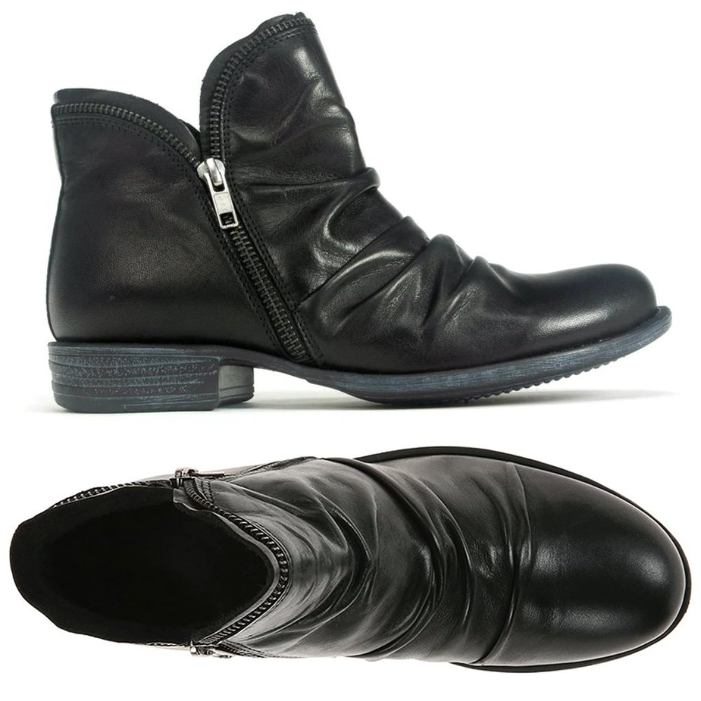 MIZ MOOZ Luna Ankle Boots Size 11 Black Leather Ruched Exposed Zip NEW $159